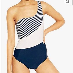 Kona Sol Navy Striped One Shoulder Bathing Suit